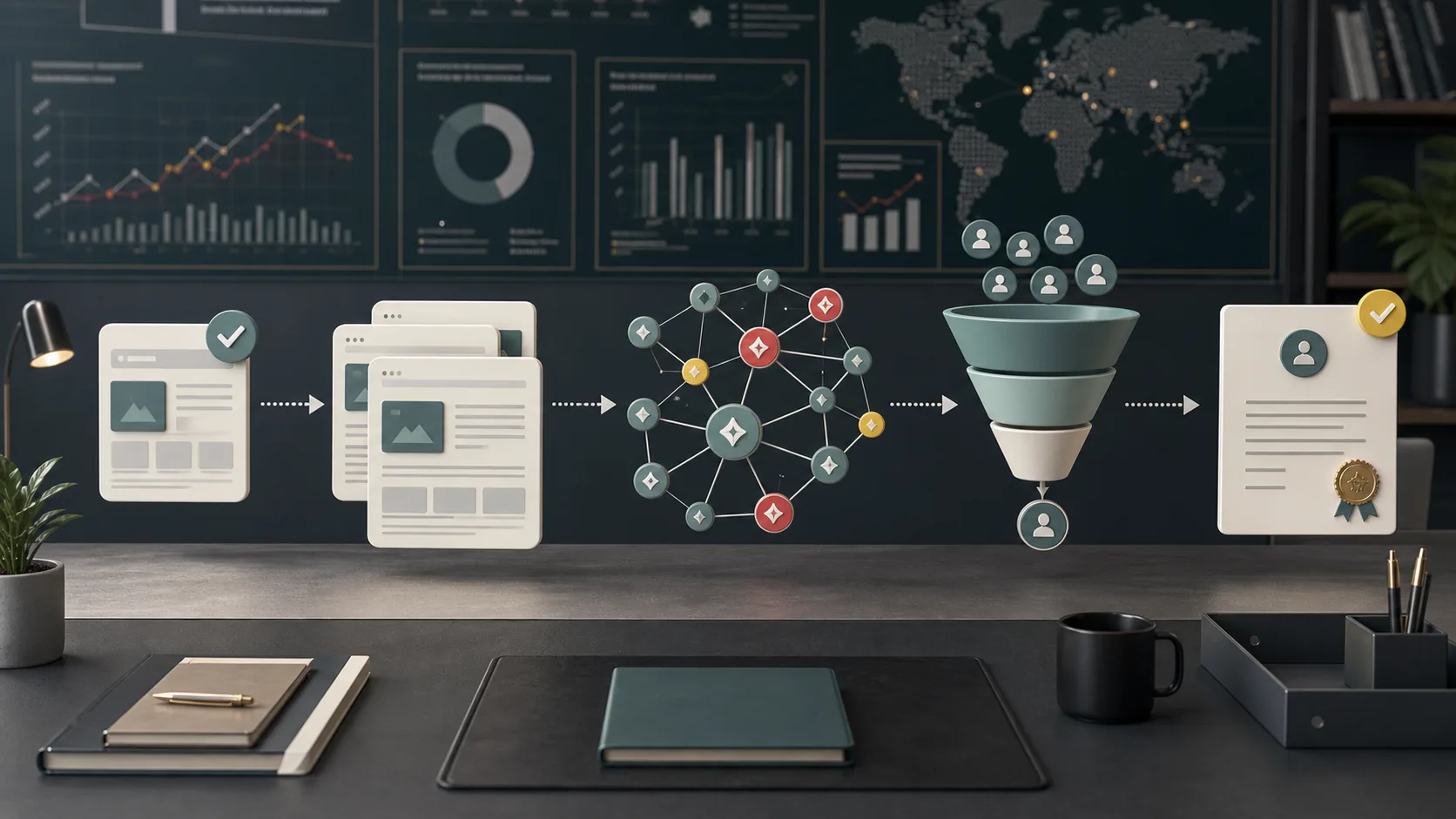 Measurement model connecting website changes, AI citation nodes, a funnel, and a qualified enquiry