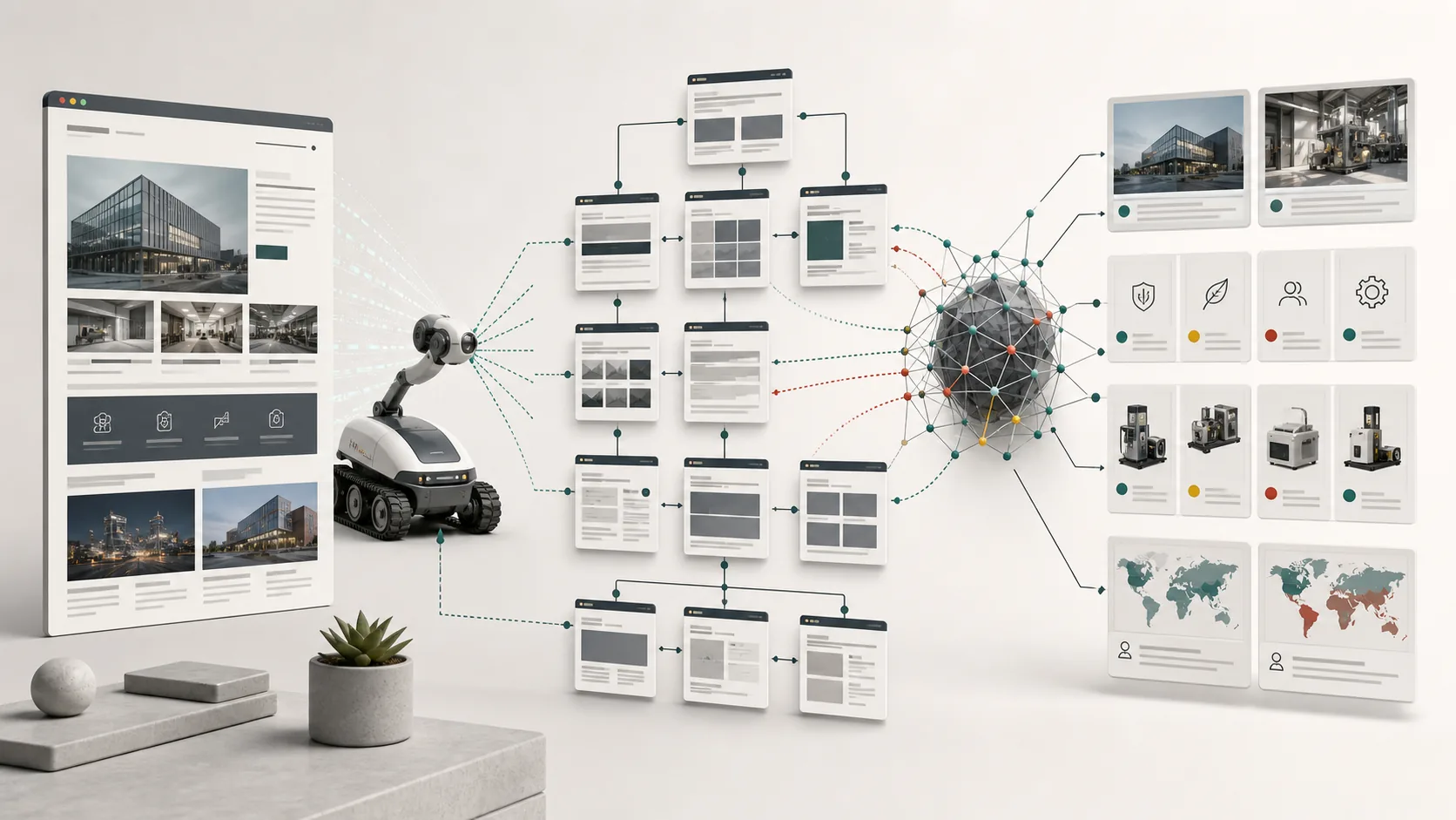 AI reading a business website through page structure, relationships, and product evidence