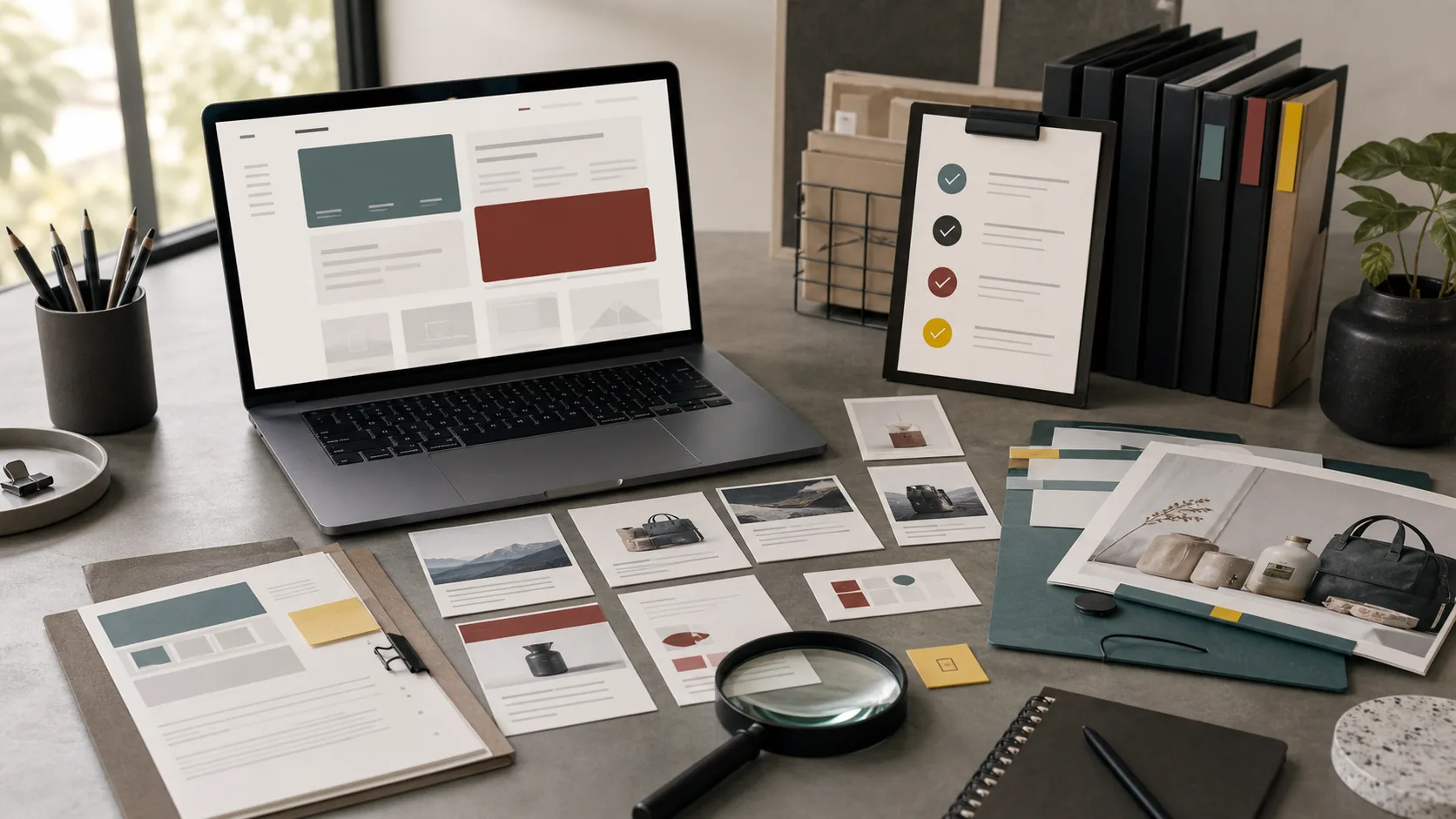 Website content audit workspace with page layouts, product references, and a checklist